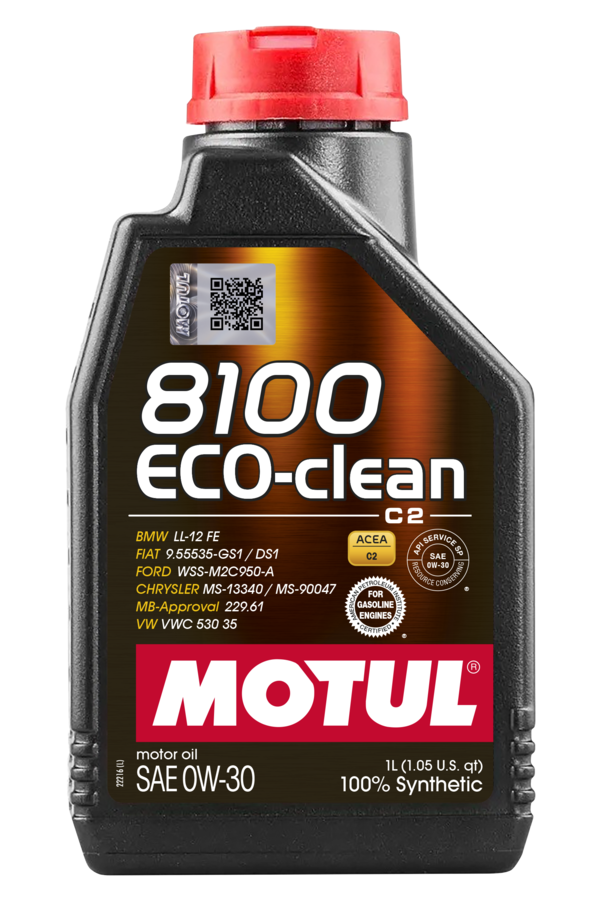 Motul 8100 Eco-Clean 0W-30 engine oil bottle, high-performance motor oil for engine cleaning and lubrication.