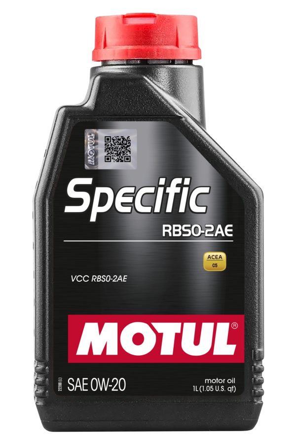 Motul Specific engine oil RBS0-2AE 0W-20 in a 1-liter container, designed for Volvo engines.