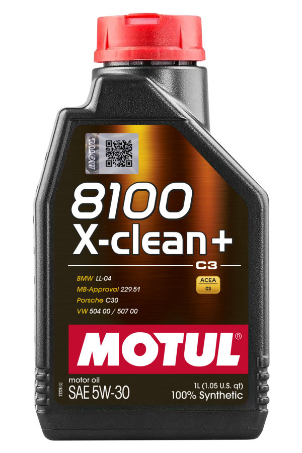 Motul 8100 X-Clean+ 5W-30 engine oil bottle showing the engine oil container with label and branding.