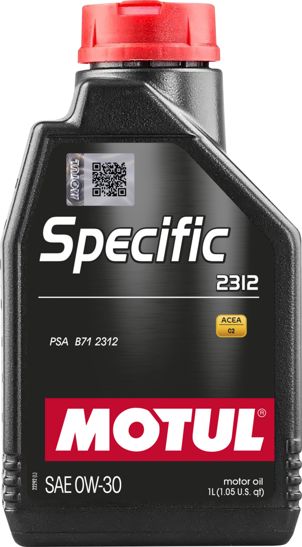Motul Specific engine oil PSA Peugeot Citroen 2312 0W-30 bottle, 1-liter container with label and cap.