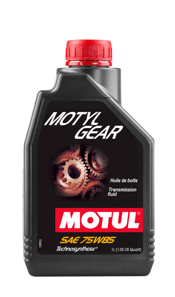 Motul Motylgear Technosynthese 75W-85 gearbox fluid 1-liter bottle shown, ideal for lubricating vehicle gearboxes.