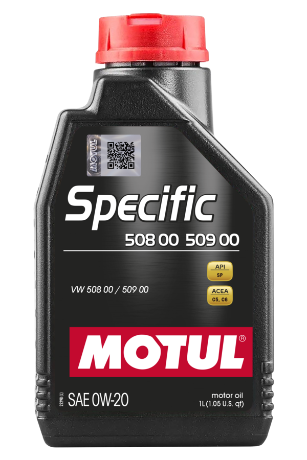 Motul Specific engine oil VAG 508 00 509 00 0W-20 in a 1L container, suitable for Volkswagen Audi engines.
