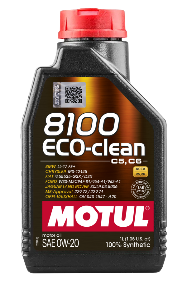 Motul 8100 Eco-Clean 0W-20 engine oil container, high-quality synthetic oil for vehicle engine protection and cleaning