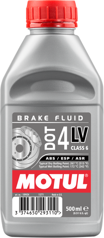 Motul Dot 4 LV brake fluid in a 500ml container, suitable for vehicle braking systems, featuring the Motul brand label.