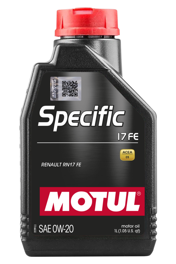 Motul Specific Engine Oil Renault 17 FE 0W-20 bottle showing label and cap, designed for Renault engines and automotive use.