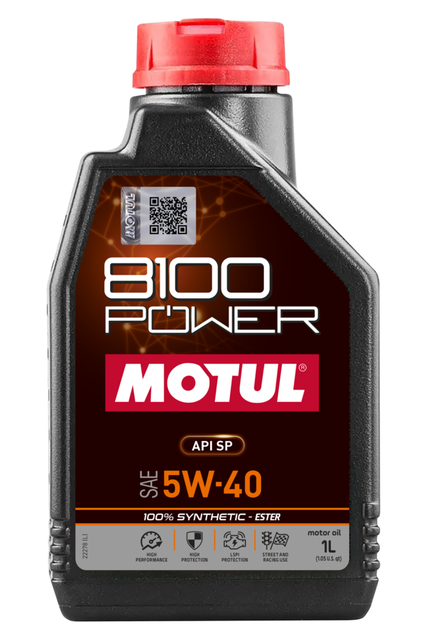 Motor oil container labeled Motul 8100 Power 5W-40 engine oil, with engine illustration and product details on the label.