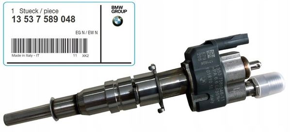 Genuine BMW fuel injector 13537589048 for N43 N53 engines, showing the new OEM-style injector with brand markings.