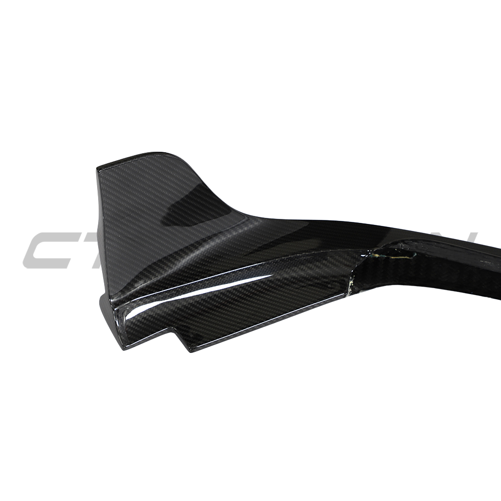 CT Carbon Porsche 911 992 Carrera carbon fibre splitter V2, front view showing sleek aerodynamic design and carbon fibre finish.