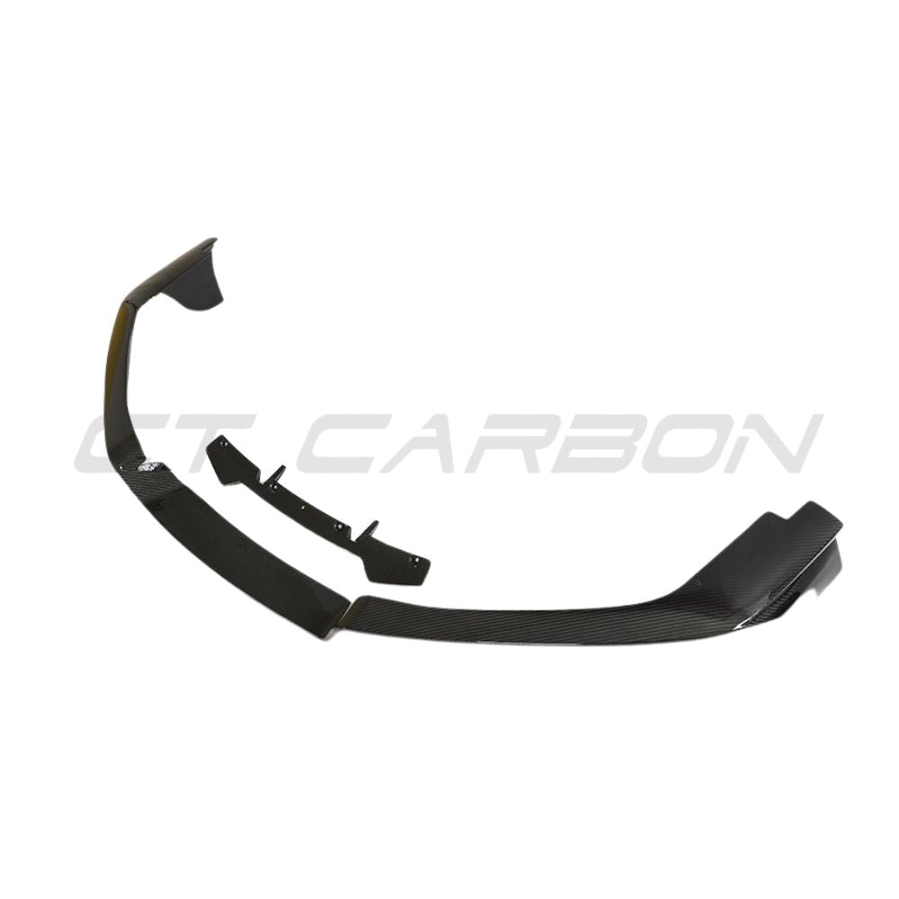 CT Carbon Porsche 911 992 Carrera V2 carbon fiber splitter installed on front bumper, showcasing sleek aerodynamic design.