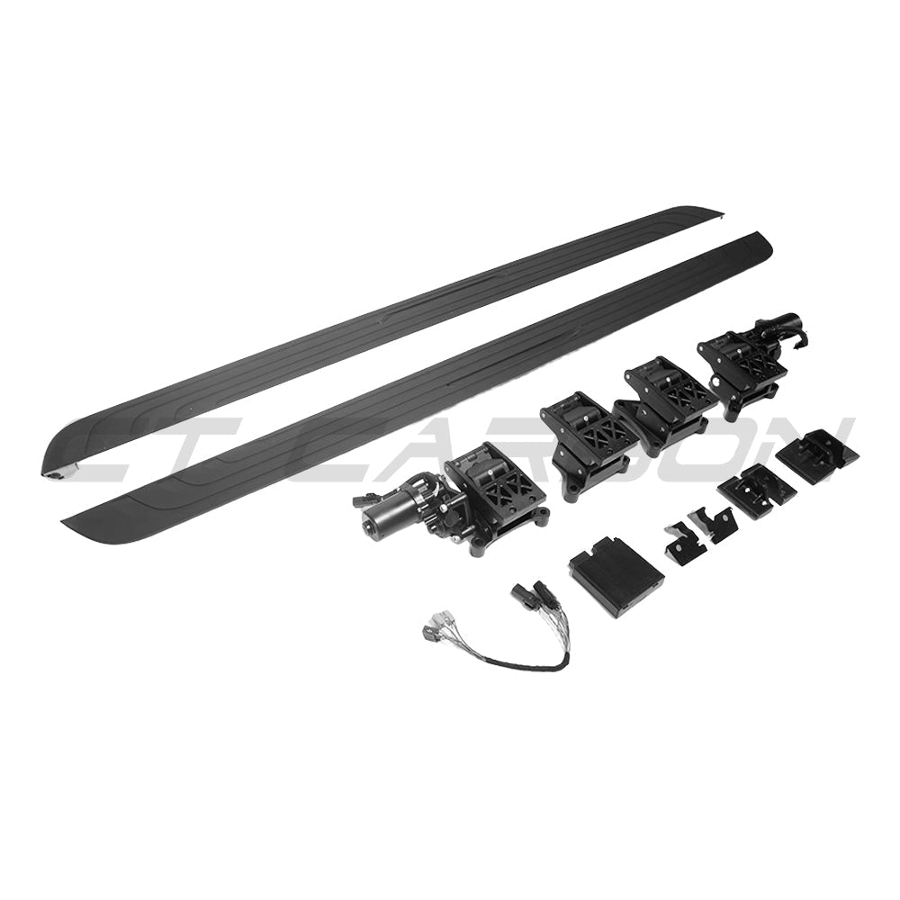 CT Carbon electric fold-out side steps for Range Rover L460 2022+ side skirts, black finish, mounted on vehicle sides