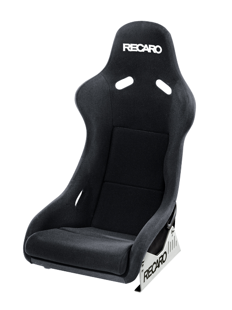 Recaro Pole Position Sport bucket seat with ABE, black racing seat with side bolsters and branded Recaro logo, racing car interior.