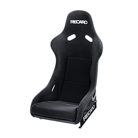 Recaro Pole Position race shell bucket seat with black velour upholstery, designed for racing and high-performance driving.