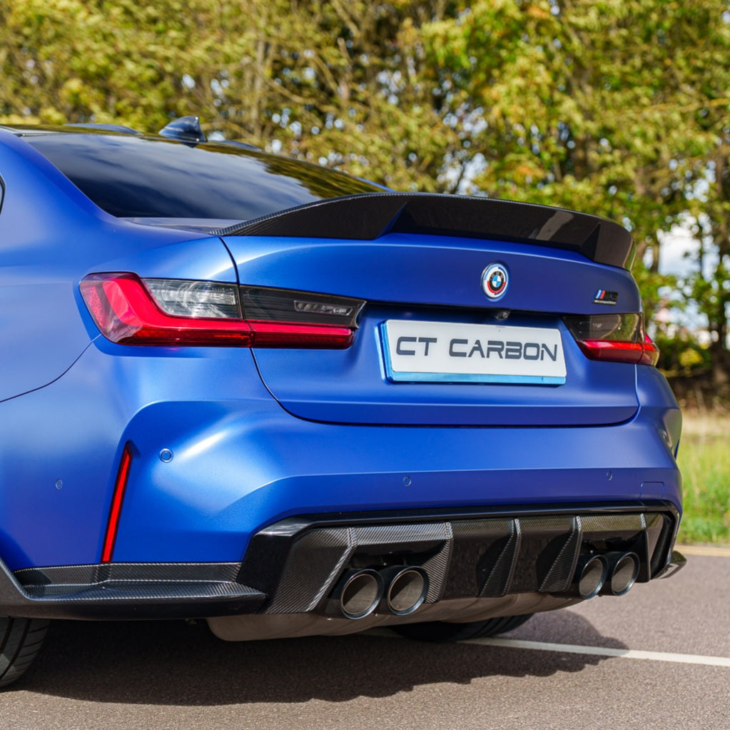 BMW G80 M3 and G20 3 Series carbon fibre spoiler by CT Carbon, V2 design, shown installed on the vehicle.