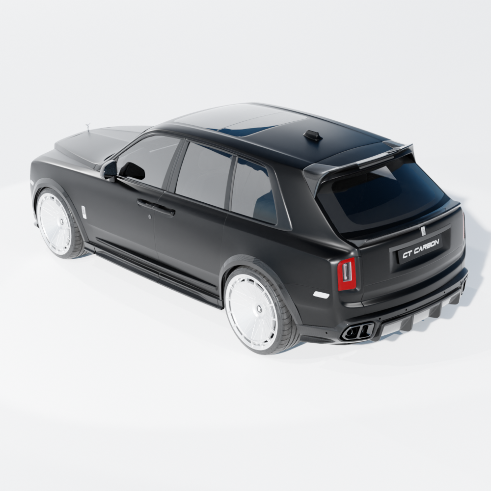 Rolls Royce Cullinan carbon fiber diffuser and tips splitter by CT Carbon, showcasing sleek, lightweight automotive exterior upgrade.