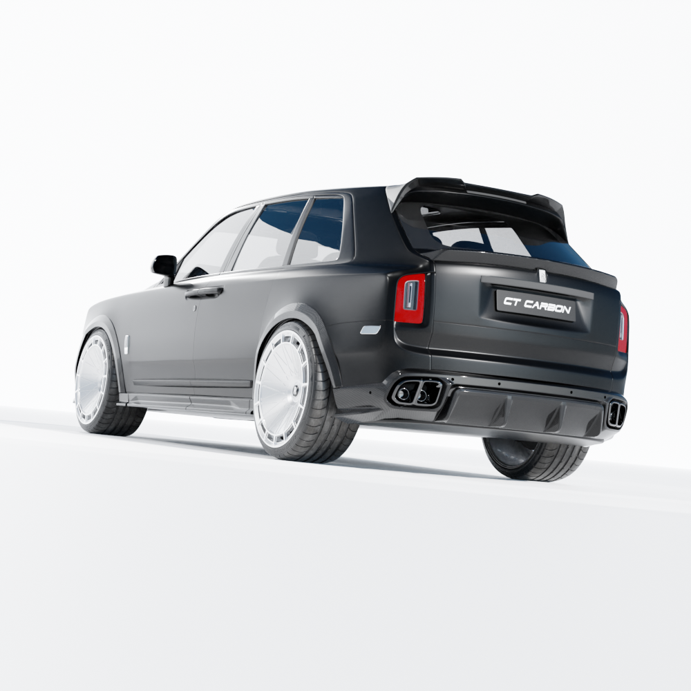 CT Carbon Rolls Royce Cullinan carbon fiber diffuser and tips, splitters with sleek black finish and detailed craftsmanship.