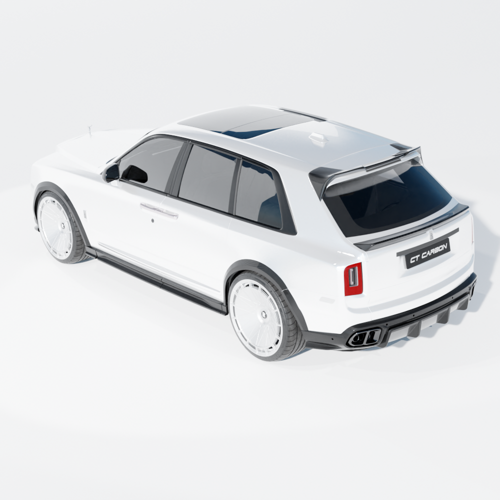 CT Carbon Rolls Royce Cullinan carbon fibre splitter with diffuser and tips, showcasing sleek black finish and precise design details.