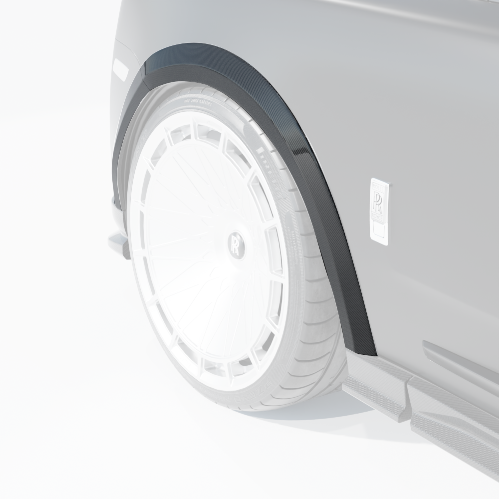 CT Carbon Rolls Royce Cullinan carbon fiber wheel arch extensions installed on the luxury SUV, showcasing sleek, aerodynamic design.