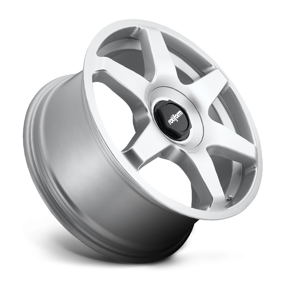 Black and silver Rotiform SIX wheels with a multi-spoke design, showcasing sleek automotive wheel style.